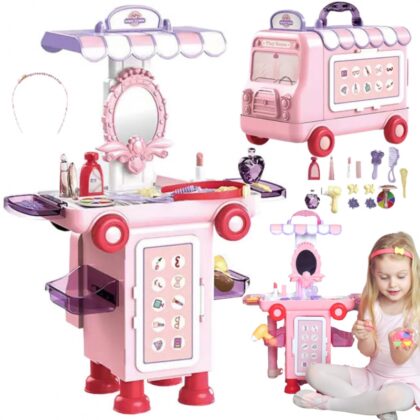 WOOPIE nešiojamas tualetinis staliukas mergaitėms 2in1 lagaminas autobusas 36 vnt.