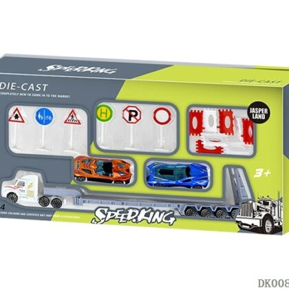 Sunkvežimis su 2 automobiliais ir kelio ženklais