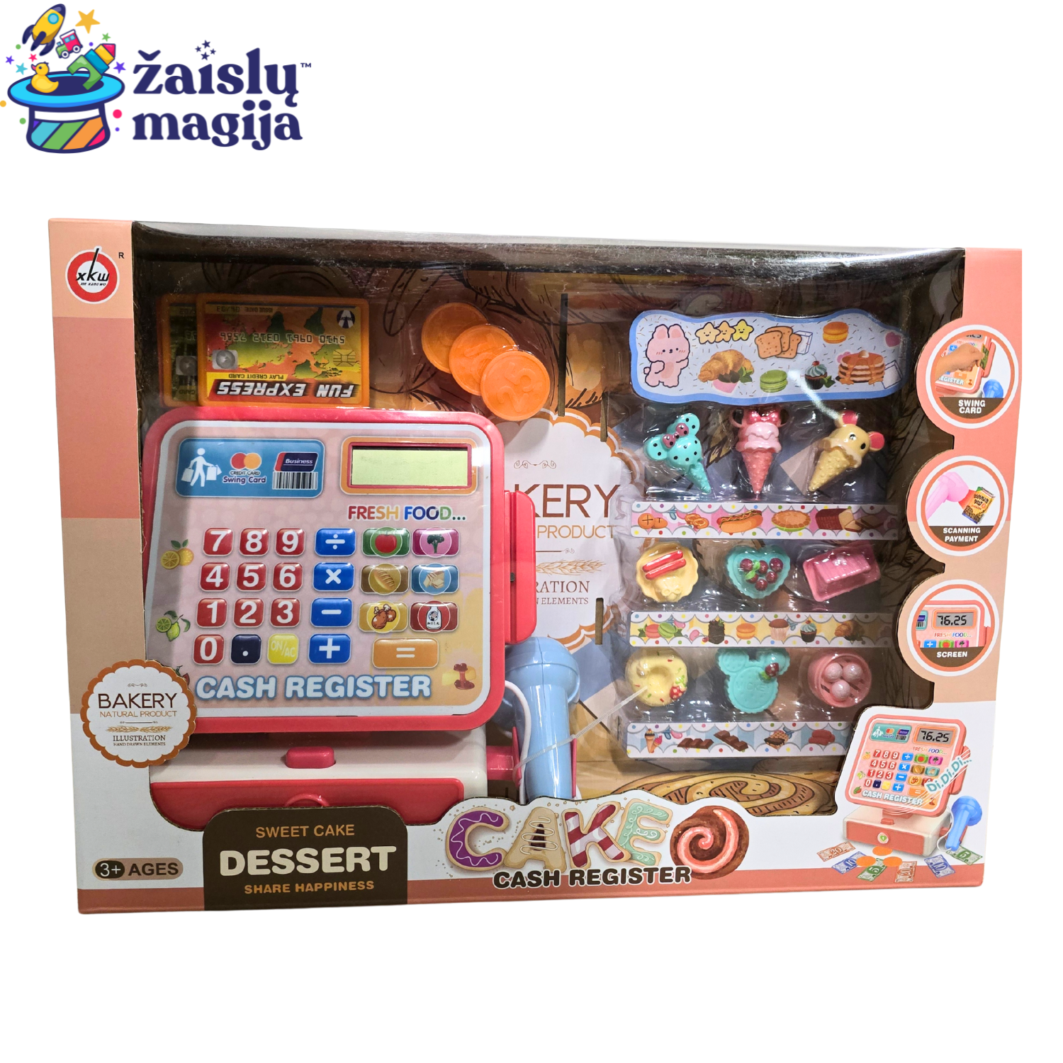 Žaislinis kasos aparatas su skaneriu ir desertų rinkiniu – „Cake Cash Register“