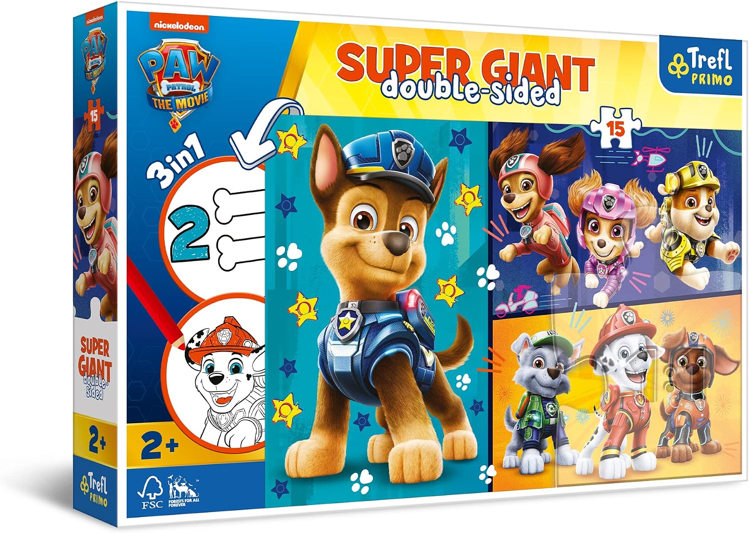 Dvipusė didelių detalių dėlionė TREFL PRIMO SUPER GIANT (3in1) – Šunyčiai patruliai (PAW Patrol), 15 det.