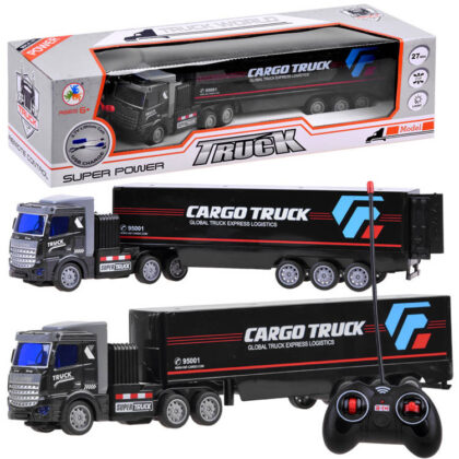 Nuotoliniu pulteliu valdomas juodas vilkikas su puspriekabe „Cargo Truck“, 27 MHz, su šviesos efektais ir USB įkrovimu.